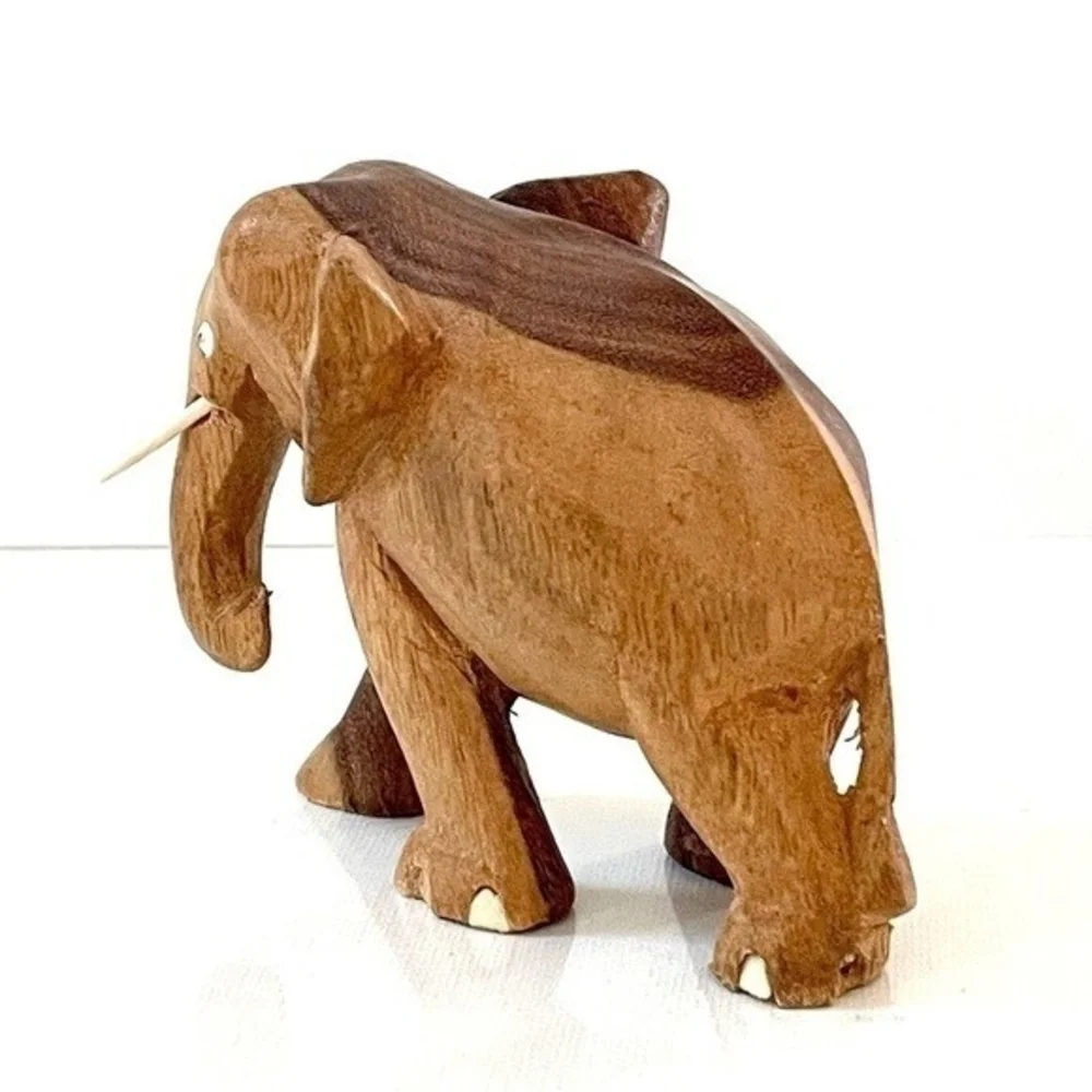 Hand Carved Tan Wood Elephant Statue 4